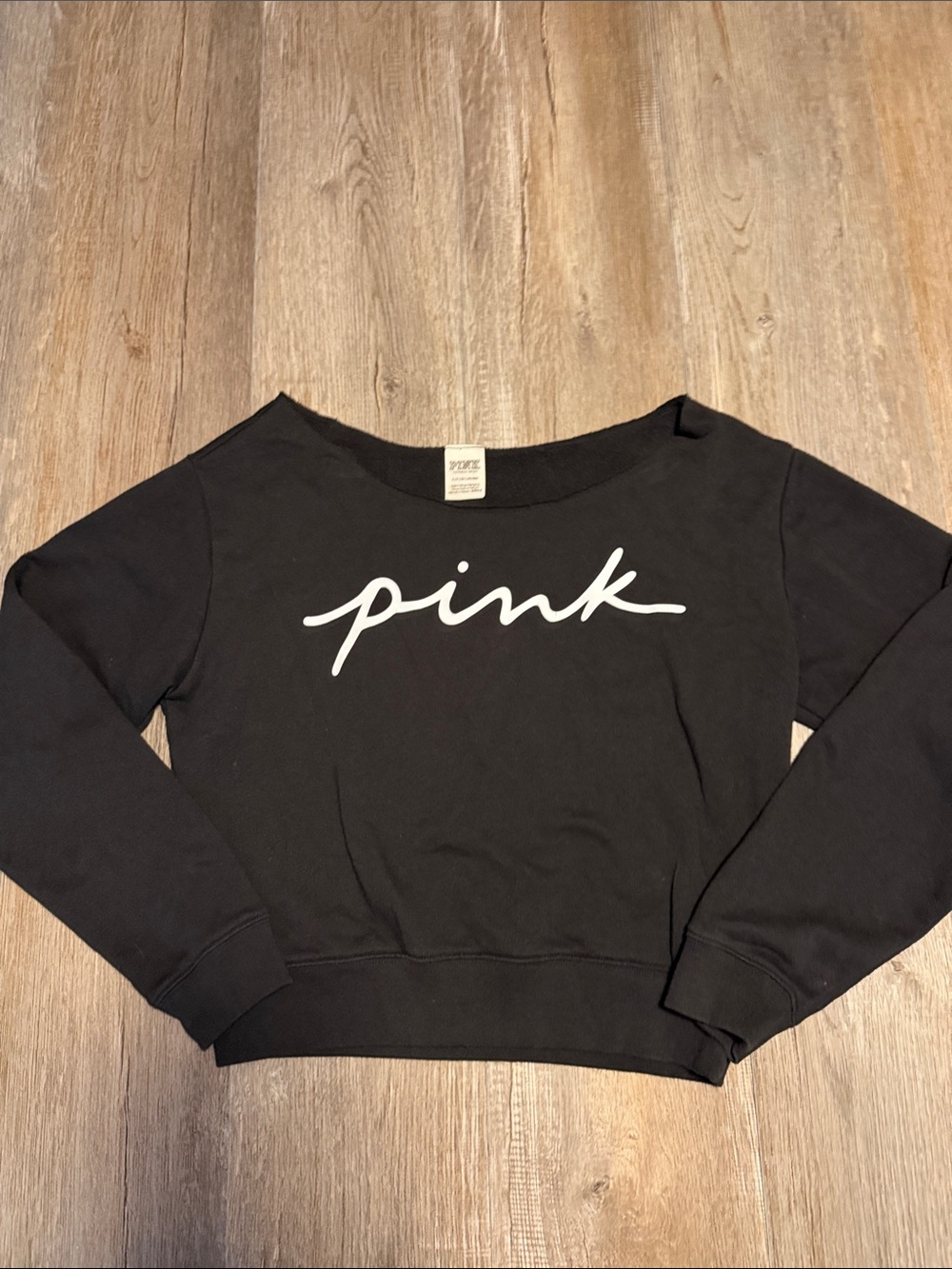 PINK Victoria's Secret Black Crop Sweatshirt with White Label